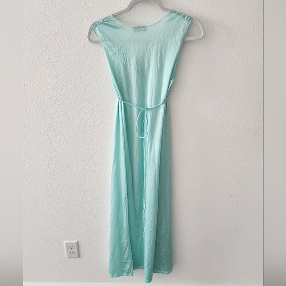 Vintage 90s Light Blue Aqua Lace Trim Long Slip Chemise Dress Made In USA S - Picture 2 of 9